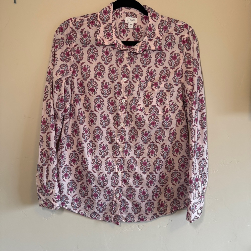 J.Crew Factory Floral Pink Button-Up Cotton Shirt - Picture 2 of 6